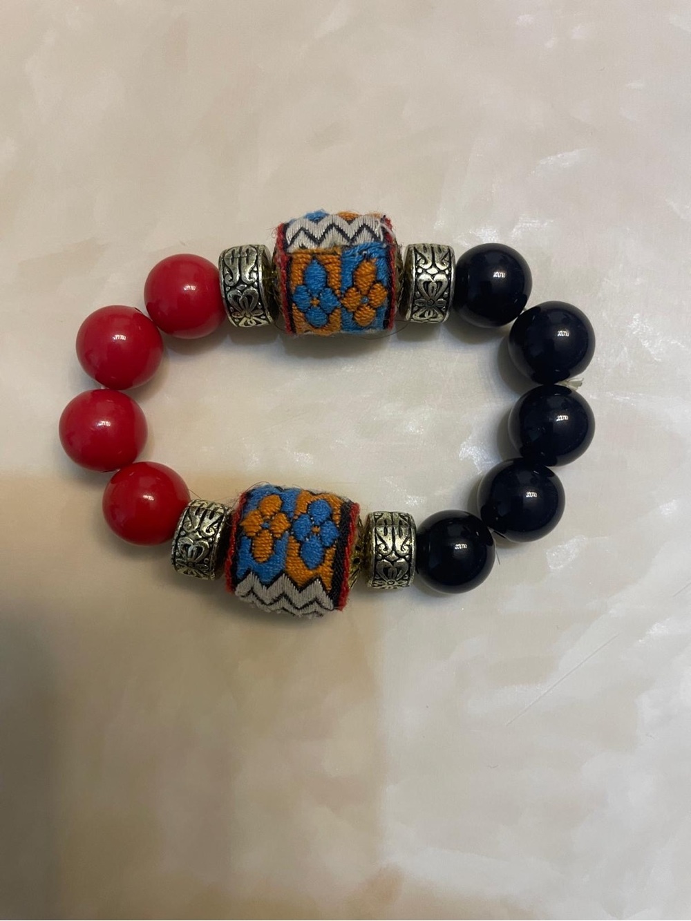 Color-Block Beaded Bracelet with Embroidered Barrel Accents